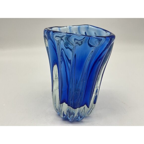 Hand Blown Art Glass Mis-Shapened Blue and Clear Glass 5.25 Inches Tall w/Handle - Picture 12 of 16